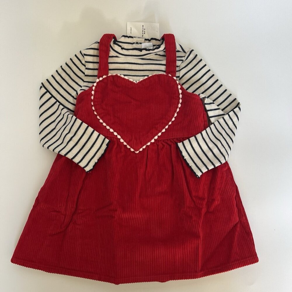 Old Navy Toddler Girls Valentines Red Dress Set Corduroy Heart Striped Shirt